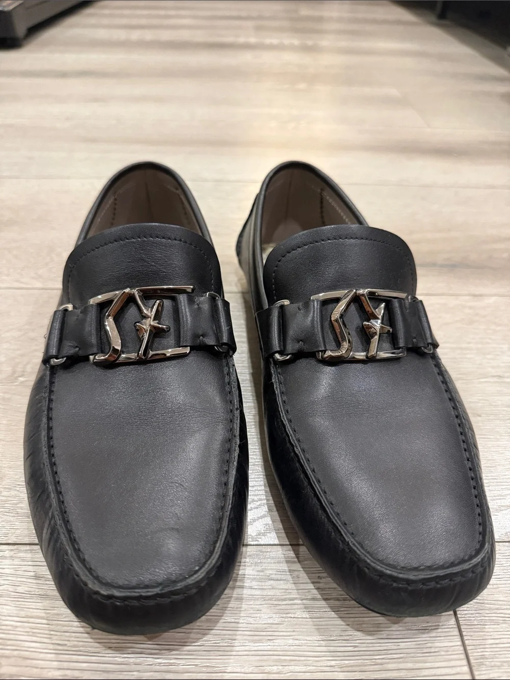 Salvatore Ferragamo Black Leather Loafers with Silver Gancini Accent
